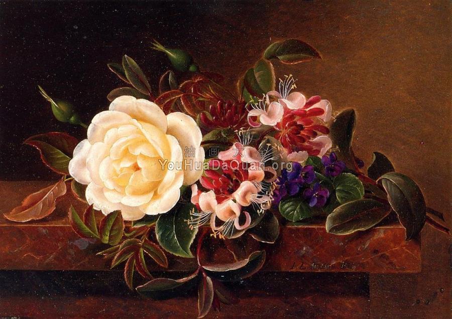 Still Life with a Rose and Violets on a Marble Ledge - 约翰·劳伦茨·延森